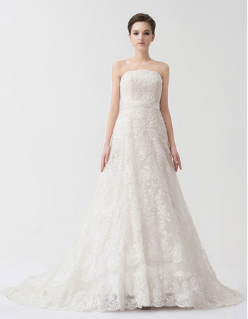 Modern A-Line Strapless Court Train Lace Wedding Dress with Straps