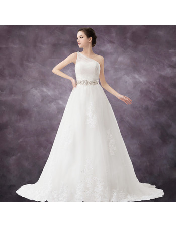 Classic A-Line One Shoulder Chapel Train Wedding Dress