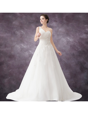 Elegant A-Line One Shoulder Court Train Organza Wedding Dress