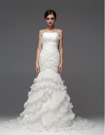 Luxury Mermaid/ Trumpet Strapless Court Train Tiered Wedding Dress