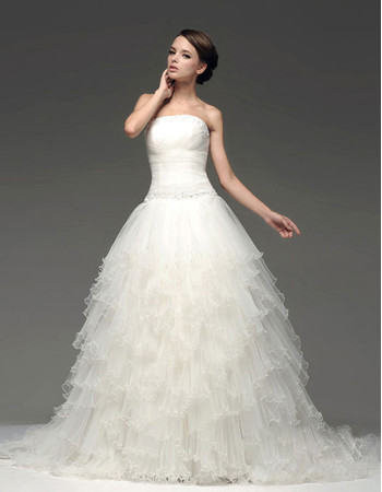 Chic Modern A-Line Strapless Chapel Train Tiered Wedding Dress