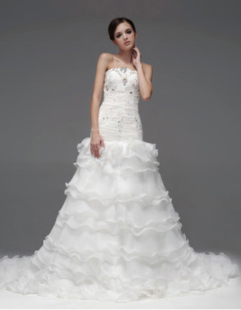 Gorgeous A-Line Strapless Chapel Train Tiered Wedding Dress for Bride