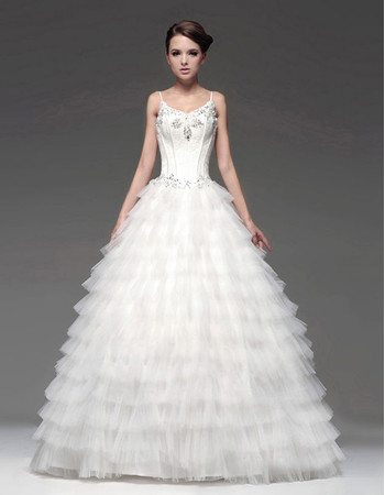 Designer Gorgeous A-Line Floor Length Tiered Wedding Dress with Spaghetti Straps