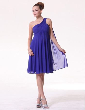 Amazing Empire One Shoulder Short Blue Chiffon Bridesmaid Dress for Maid of honour