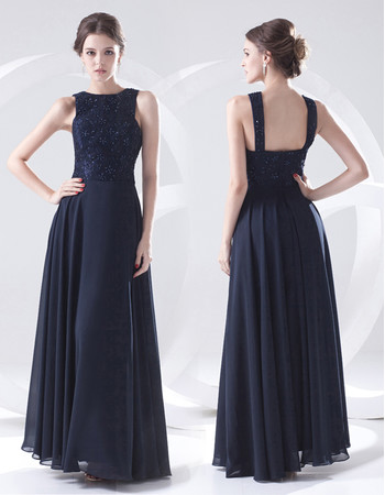 Elegant Sheath Floor Length Blue Chiffon Evening Prom Dress for Women