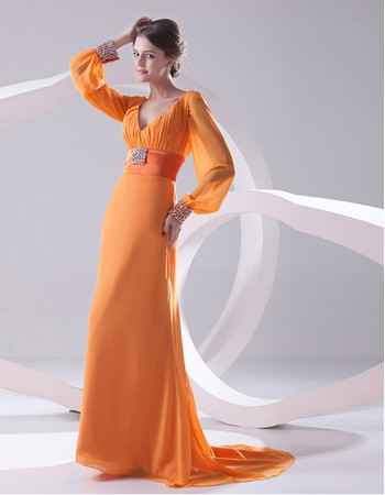 Elegant V-Neck Long Sleeves Long Chiffon Prom Evening Dress for Women