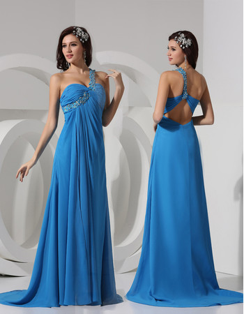 Sexy Sheath One Shoulder Sweep Train Chiffon Prom Evening Dress for Women