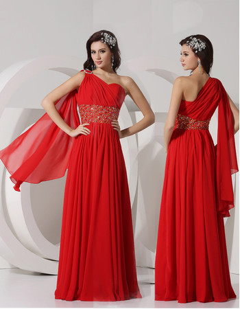 Beautiful Sheath One Shoulder Long Red Chiffon Evening Prom Dress