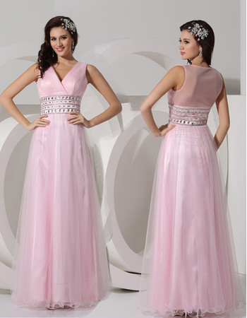 Designer A-Line V-Neck Floor Length Organza Evening Prom Dress for Women