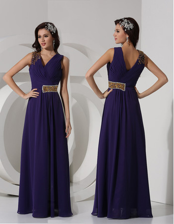 Classy Sheath V-Neck Long Chiffon Purple Prom Evening Dress for Women