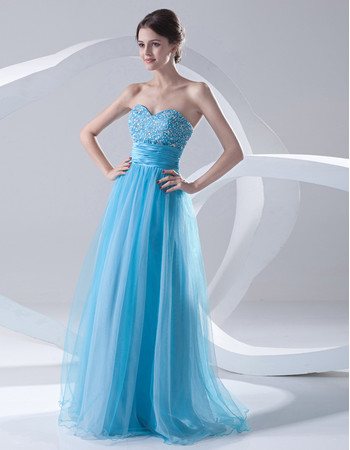 Cheap A-Line Sweetheart Long Light Blue Organza Evening Prom Dress