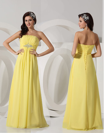 Elegant Strapless Long Chiffon Yellow Prom Evening Dress for Women