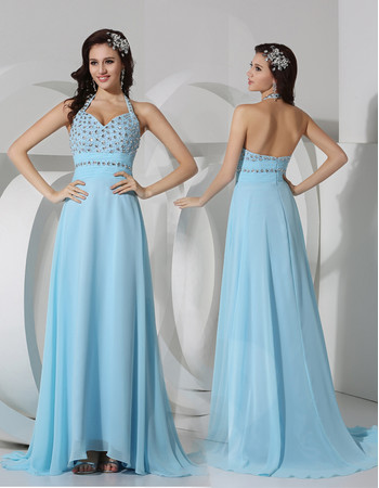 Sheath Halter Long Light Blue Chiffon Evening Prom Dress for Women