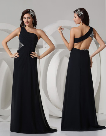 Sexy Sheath One Shoulder Floor Length Satin Black Prom Evening Dress