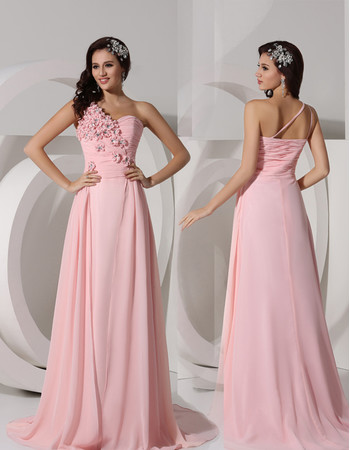 A-Line One Shoulder Sweep Train Pink Chiffon Prom Evening Dress for Women