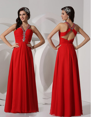 Elegant Sheath V-Neck Long Red Chiffon Prom Evening Dress for Women