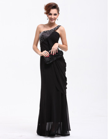 Designer Women's One Shoulder Chiffon Sheath Black Long Prom Evening Dress for Sale