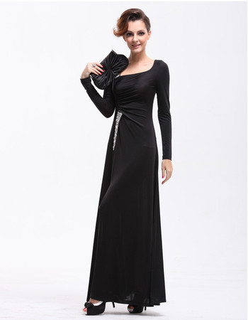 Women's Designer Long Sleeves Sheath Long Black Satin Prom Evening Dress for Sale