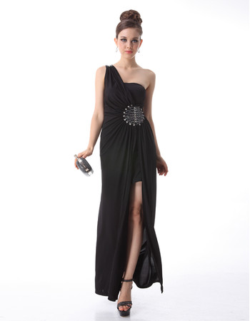 Cheap Classy Women's One Shoulder Sheath Chiffon Black Prom Evening Dress for Sale