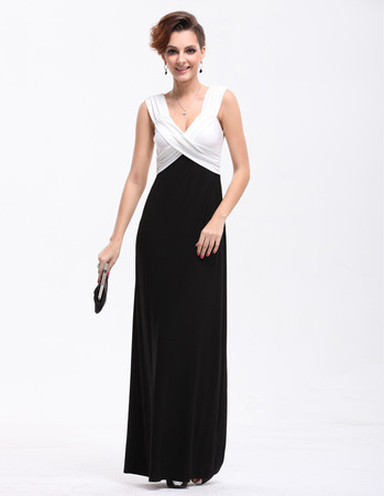 Women's Affordable Black and White V-Neck Sheath Satin Long Prom Evening Dress for Sale