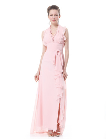 Women's V-Neck Chiffon Split Sheath Long Prom Evening Dress for Sale