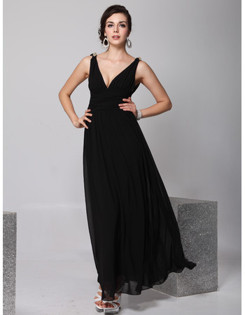 Cheap Designer V-Neck Black Chiffon Ankle Length Sheath Evening Wear Dress for Women