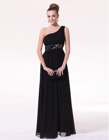 Cheap Classy Sheath One Shoulder Black Chiffon Long Formal Evening Prom Dress for Women