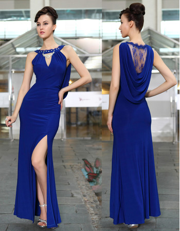 Cheap Classy Sexy Sheath/ Column Chiffon Split Blue Long Formal Evening Wear Dress