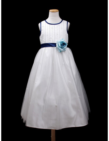 Custom A-Line Round Tea Length Satin Little Girls Party Dress