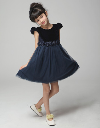 A-Line Round/ Scoop Short Satin Blue Flower Girl Pageant/ Party Dress