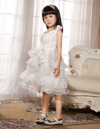 A-Line Round Knee Length Organza Flower Girl Party Dress for Wedding