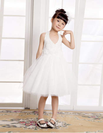 Cute A-Line Halter Knee Length Satin FFlower Girl Party Dress for Wedding