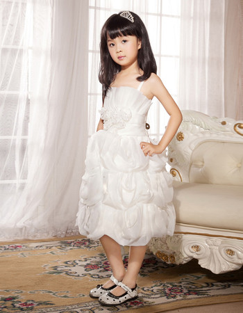 Spaghetti Straps Knee Length Organza Flower Girl Party Dress for Wedding