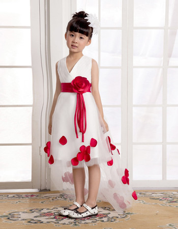 A-Line V-Neck High-Low Satin Tulle Flower Girl Party Dress for Wedding