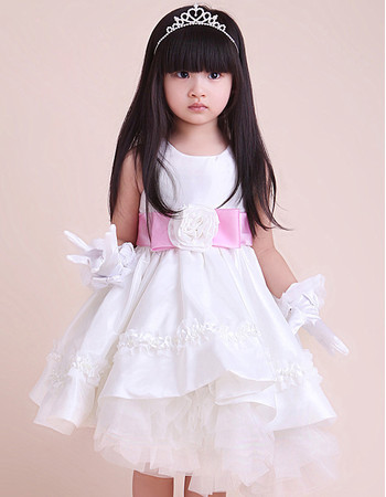 A-Line Round Knee Length Satin Flower Girl Party Dress for Wedding