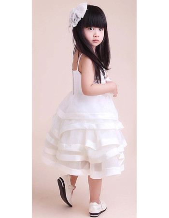 A-Line Knee Length Satin Tiered Flower Girl Party Dress for Wedding