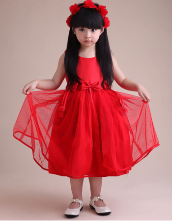 A-Line Knee Length Satin Organza Flower Girl Party Dress for Wedding
