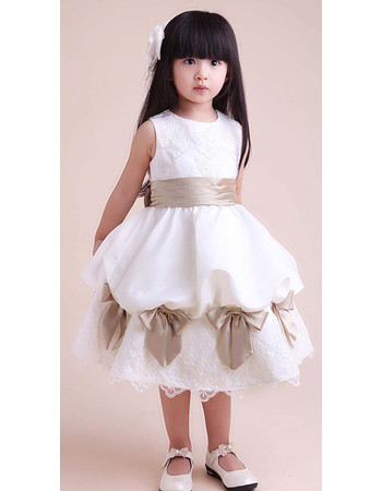 A-Line Round Knee Length Satin Flower Girl Party Dress for Wedding