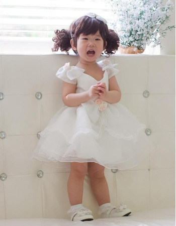 Ball Gown Cap Sleeves Short Organza Flower Girl Party Dress for Wedding