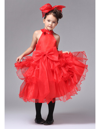A-Line High-Neck Knee Length Satin Organza ittle Girls Party/ Pageant Dress