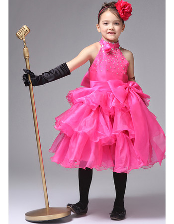 Kids Princess A-Line High-Neck Knee Length Satin Girl Pageant Party Dress