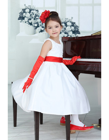 Lovley Little Girls A-Line Round Tea Length Satin Flower Girl Dress