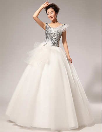 Modern V-Neck Sequined Ball Gown Floor Length Satin Wedding Dress