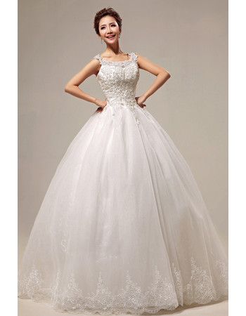 Custom Modern Applique Ball Gown Scoop Floor Length Tulle Wedding Dress