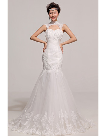 Chic Elegant Mermaid High-Neck Sweep Train Satin Organza Wedding Dress