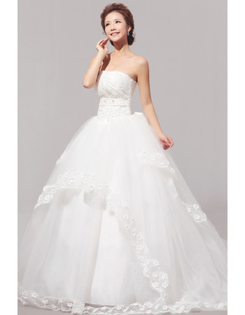 Gorgeous Sweep Train Organza Ball Gown Strapless Dress for Spring Wedding