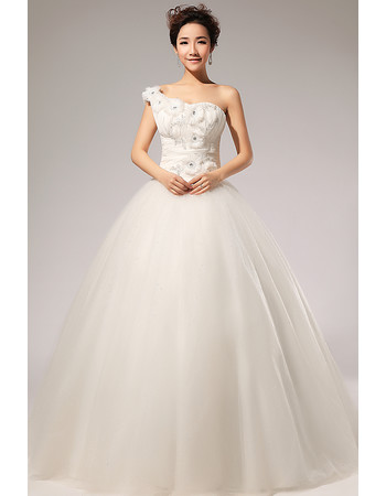 Custom Modern One Shoulder Applique Ball Gown Floor Length Wedding Dress