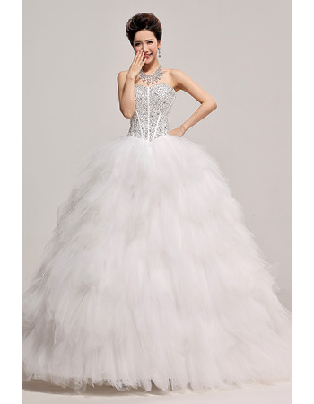 Inexpensive Gorgeous Beaded Ruffle Ball Gown Sweetheart Organza Wedding Dress