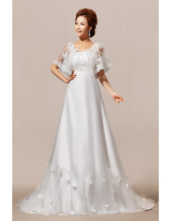 Chic Modern Lace Sleeves A-Line Sweep Train Satin Wedding Dress for Spring