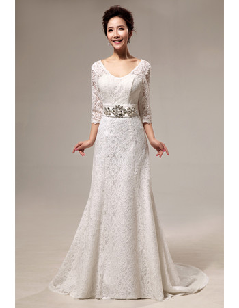 Custom Modern Lace Sweep Train A-Line Wedding Dress with Sleeves